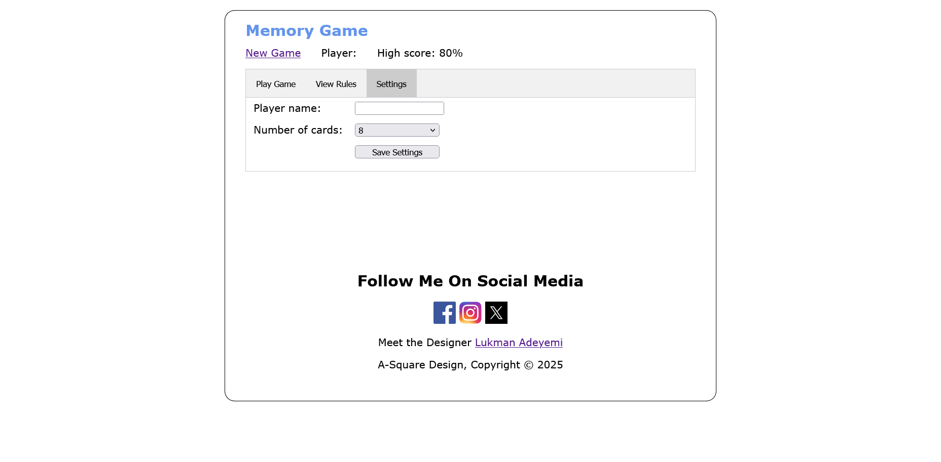 Memory Game — Settings UI