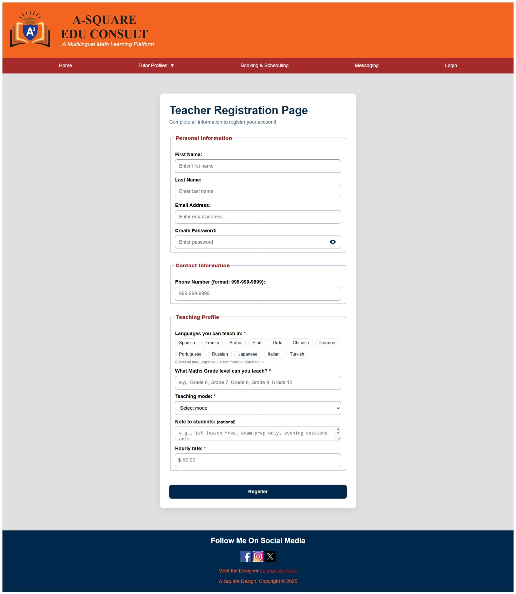 A-Square Edu Consult — Tutor Registration UI