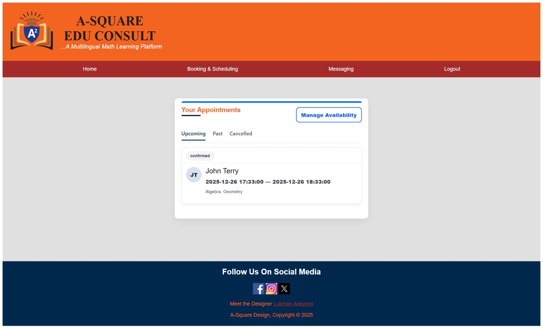 A-Square Edu Consult — Teacher Booking Dashboard UI
