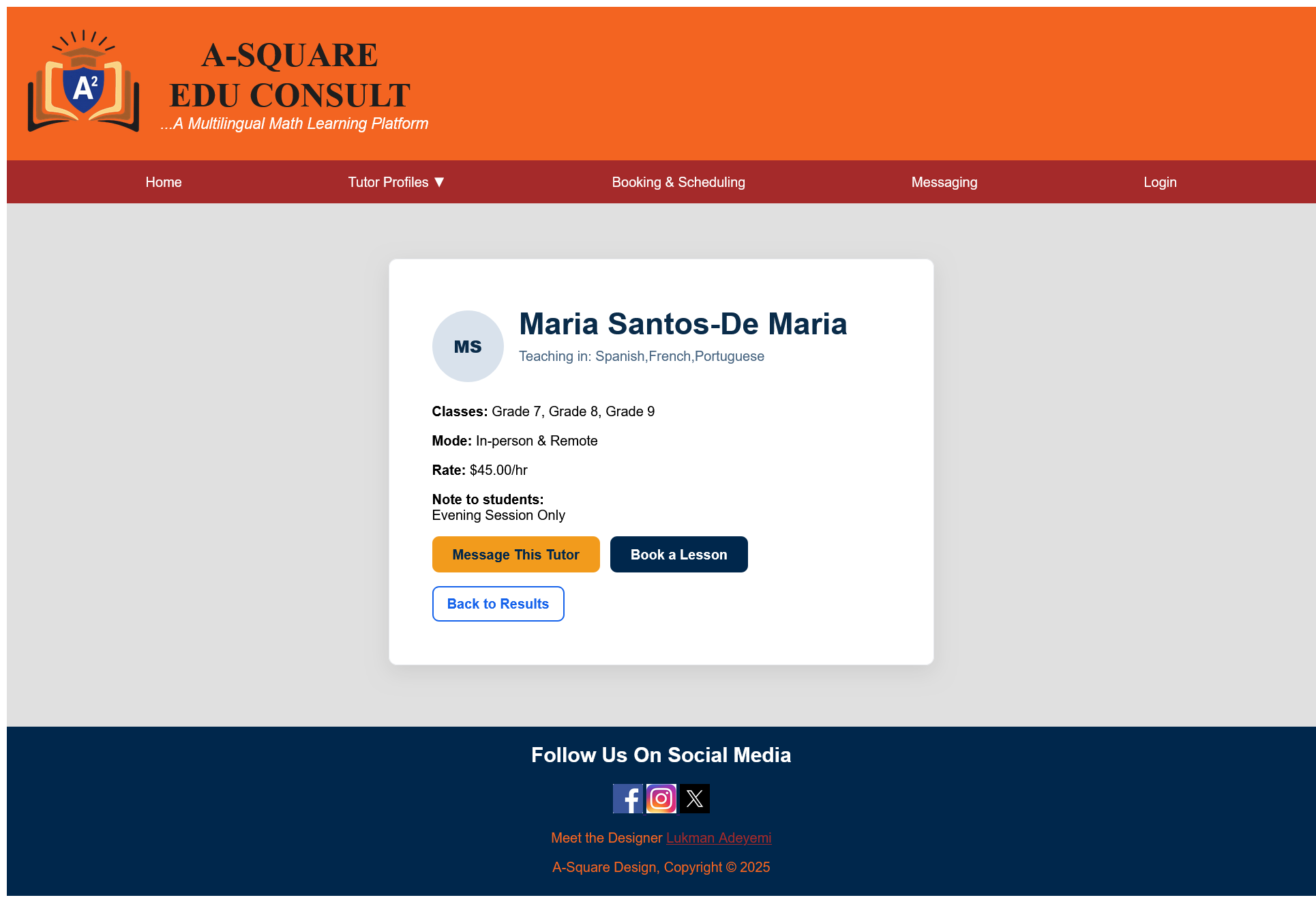 A-Square Edu Consult — Tutor Profile UI